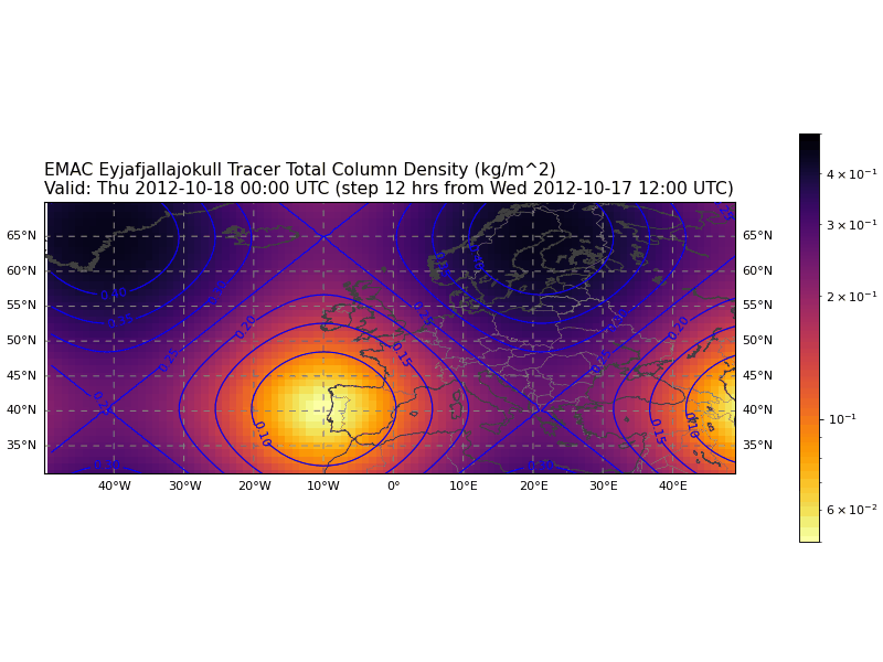 EMAC Eyjafjallajokull Tracer Total Column Density (kg/m^2)
